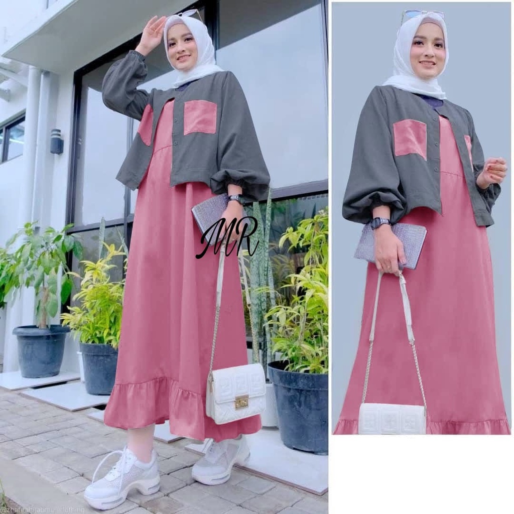 Jual Baju Gamis Wanita Remaja Modern Terbaru 2022 Set Cardi Habibah