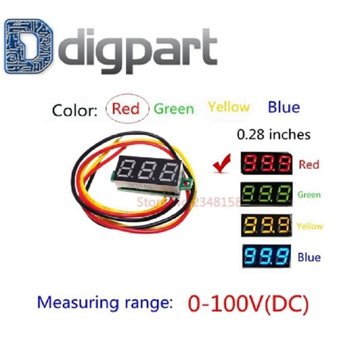 Jual Digital Voltmeter DC 0.28 Panel Mount LED Volt Meter 0-100V Merah ...