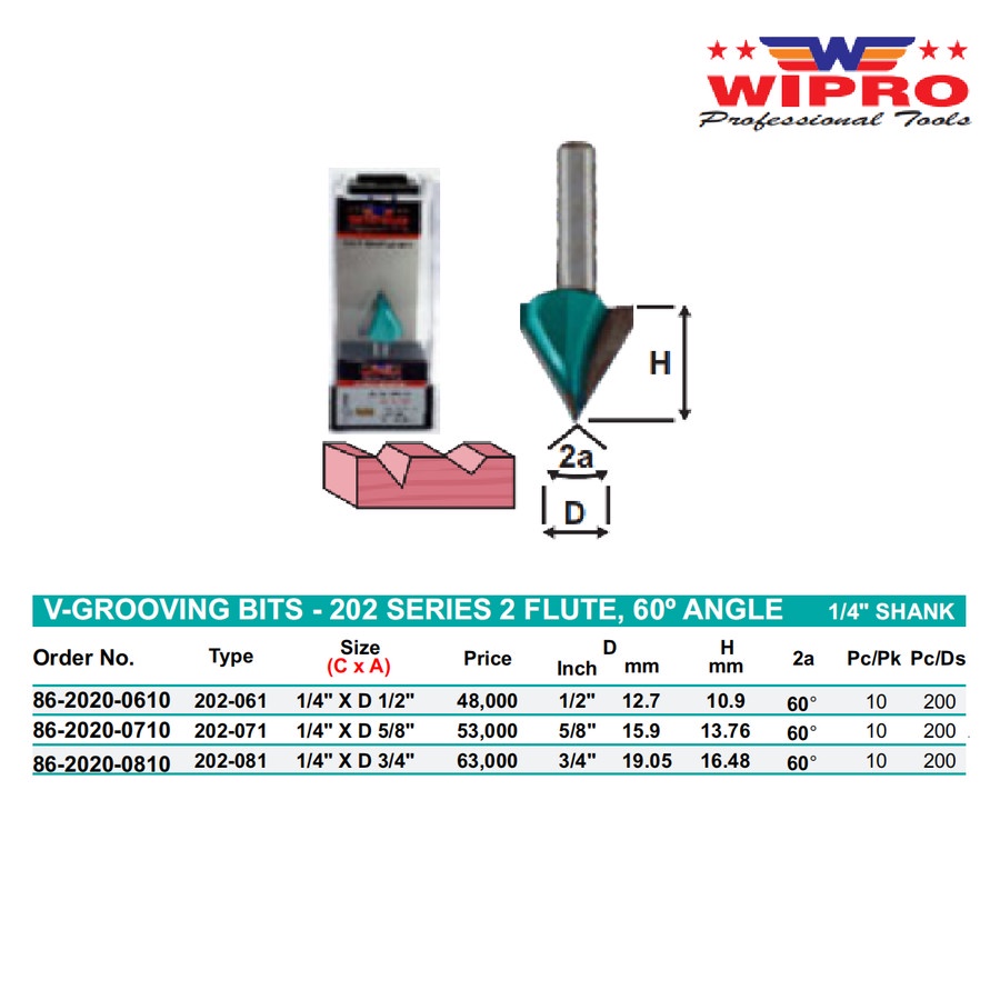 Jual WIPRO 202 VGrooving 60/V Grooving Bits 2 Flute 60 Degree Shank ...
