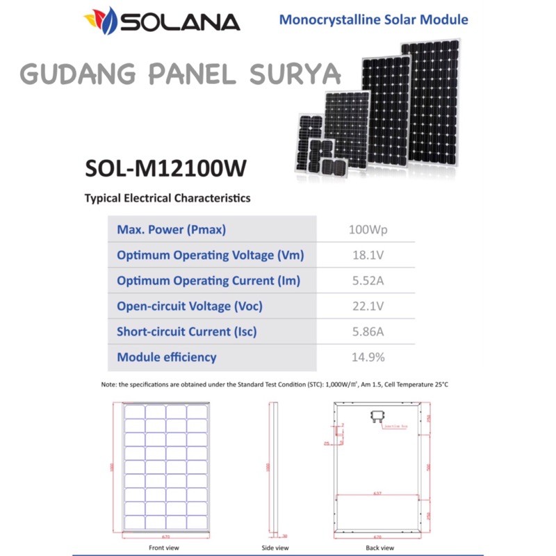 Jual Panel Surya Solar Panel Solarcell SOLANA MONO 100WP 100 WP ...
