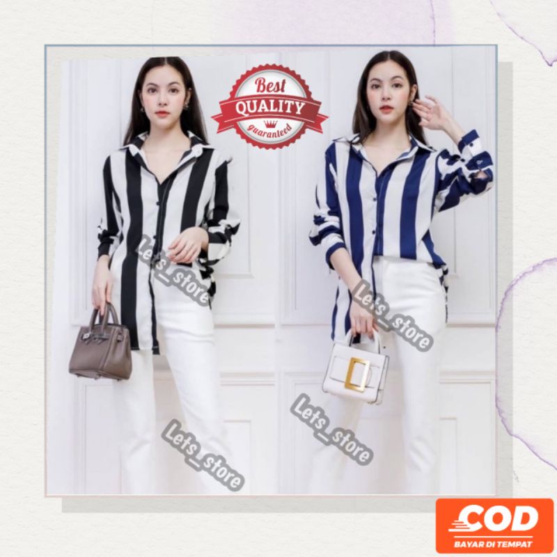 Jual Kemeja Wanita Oversize Shirt Salur Korea Lengan Panjang Import