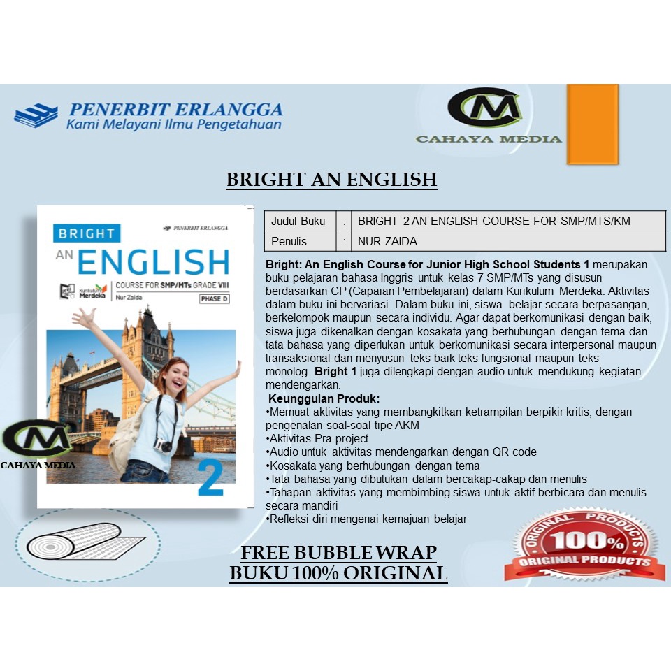 Jual BUKU BRIGHT AN ENGLISH KELAS 8 KURIKULUM MERDEKA ERLANGGA ORIGINAL ...