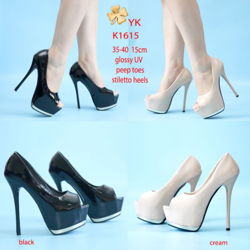 Jual YKshoes 1615 Peep Toes Heels 15cm Black Cream Kebuka Glossy Stiletto High Heels Sepatu Hak