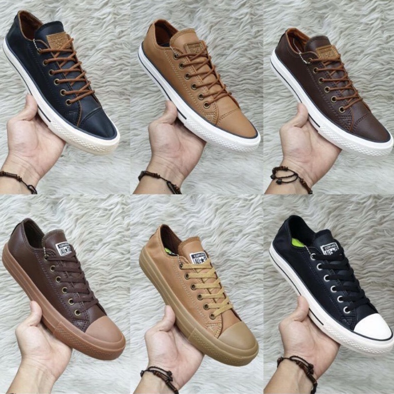 Jual Converse All Star Low Leather Kulit Brown Gum Full Black Shopee