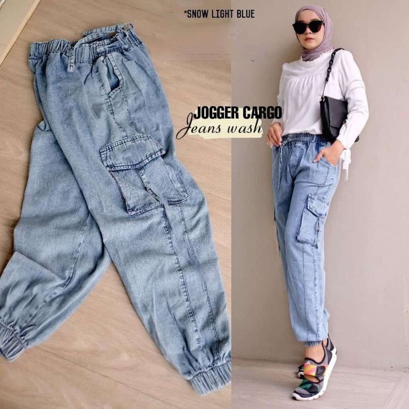 Celana Boyfriend Sobek Bawah Saku Depan Joger Cargo Jeans Wanita Wash Murah  Bisa COD