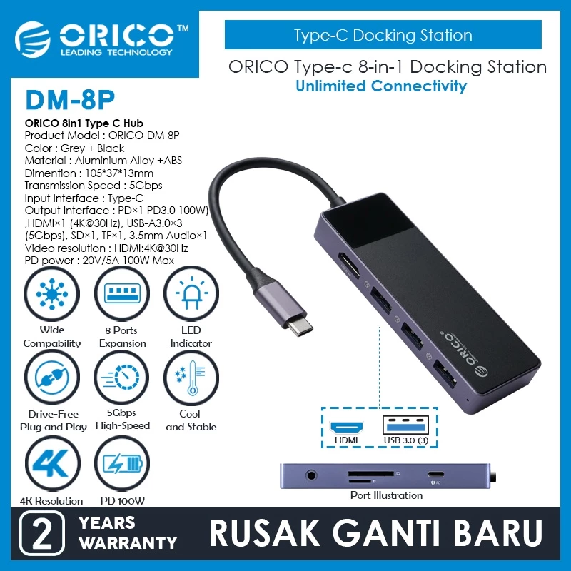 ORICO 8 in 1 Type C Hub 3x USB 3.0 PD 100W HDMI TF SD Card AUX - DM-8P