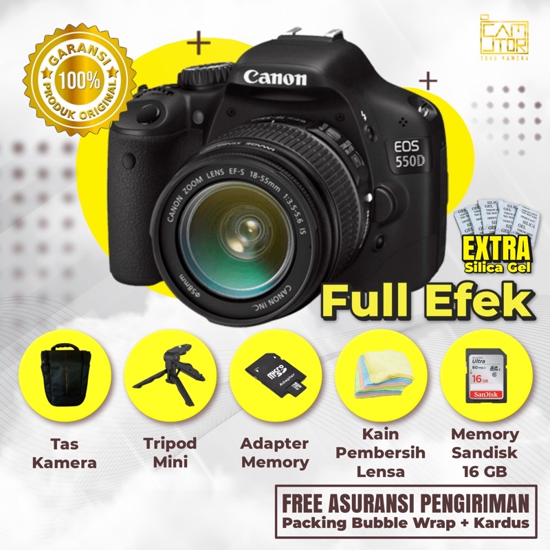 Jual CANON 550D LENSA KIT 18-55 MM+MEMORY 16 GB+TRIPOD MINI+TAS BARU ...