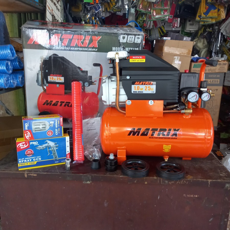 Jual PAKET Komplit Kompresor Cat Listrik 1 Hp 25 Liter Matrix MTX-125 ...