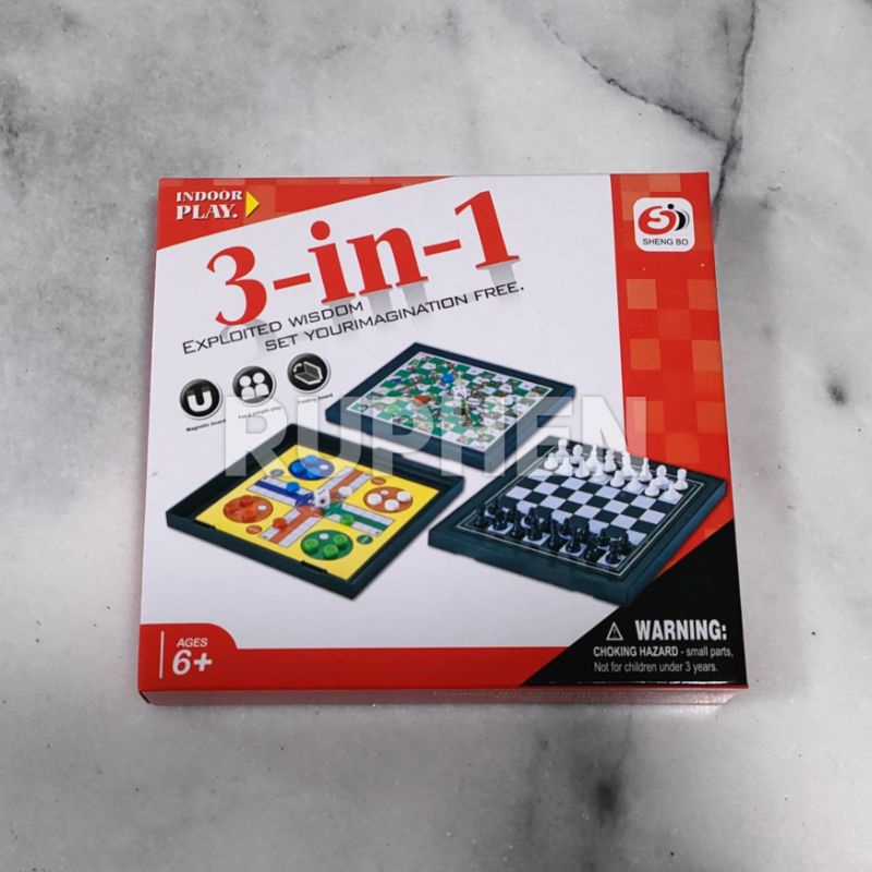 Jual Board Game Mini 3 in 1 Ludo Ular Tangga Catur Chess
