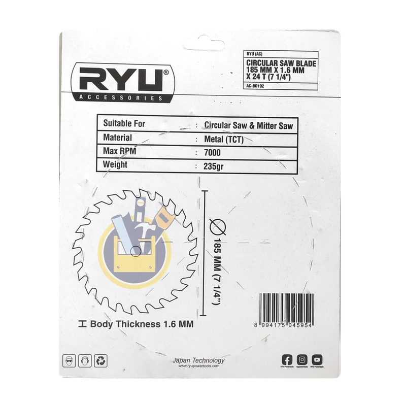 Jual RYU Circular Saw Blade 7 inch x 24 T / Mata Potong Gergaji Kayu ...