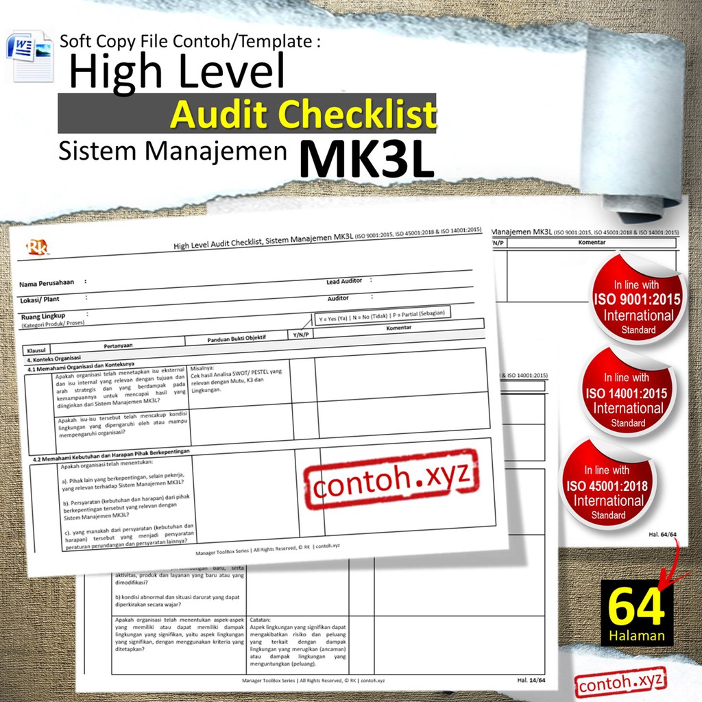 Jual [#33] Contoh High Level Audit Checklist, Sistem Manajemen MK3L ...