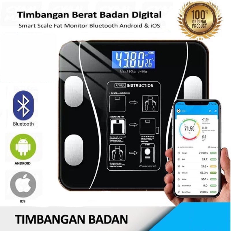 Jual TIMBANGAT FAT BERAT bADAN SCALER USB BLUETOOTH APLIKASI PENGUKUR ...