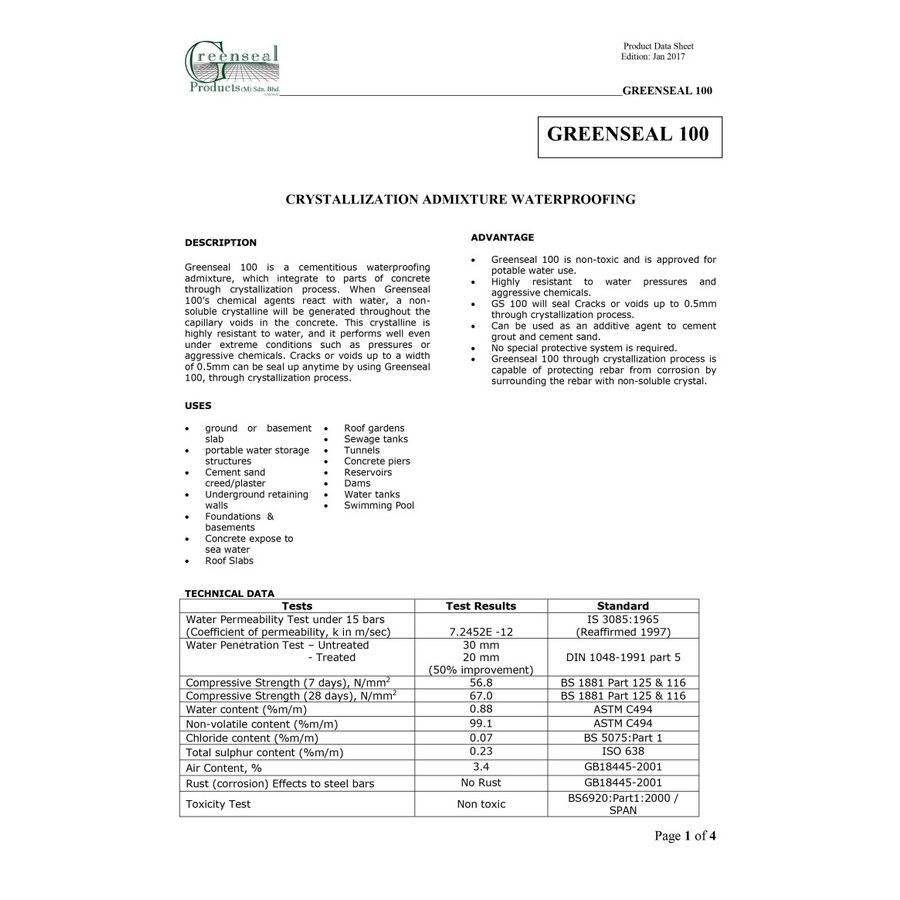 Jual GREENSEAL | Greenseal 100 | Crystalization Admixture | 25kg/Bag ...
