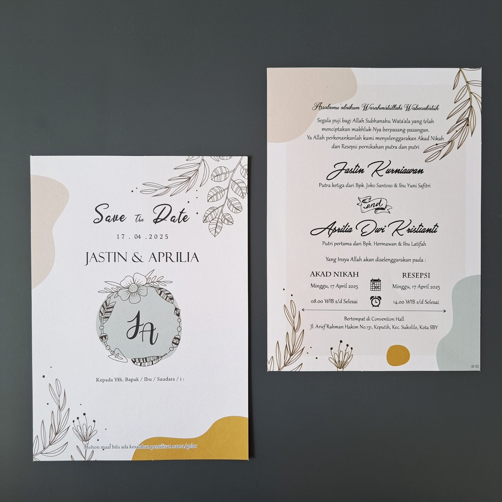 Jual Undangan Pernikahan Aesthetic / Undangan Satu Lembar / Undangan
