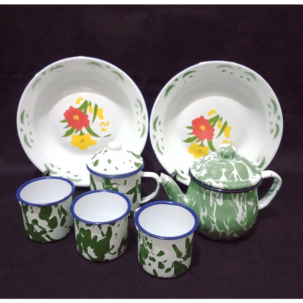 Jual tea set enamel jadul lurik dan kembang / set alat minum enamel