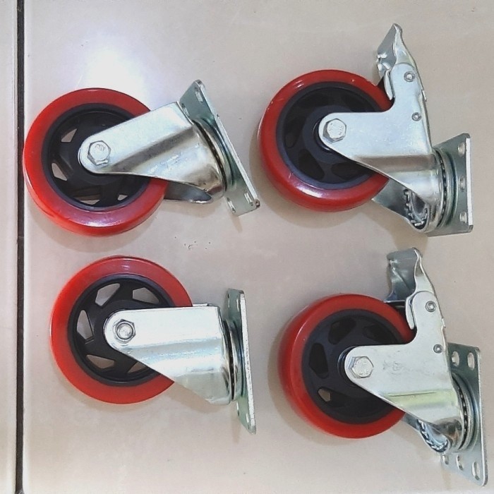 Jual Roda PU 4inch medium duty 1set/4pcs (2rem 2 putar) | Shopee Indonesia