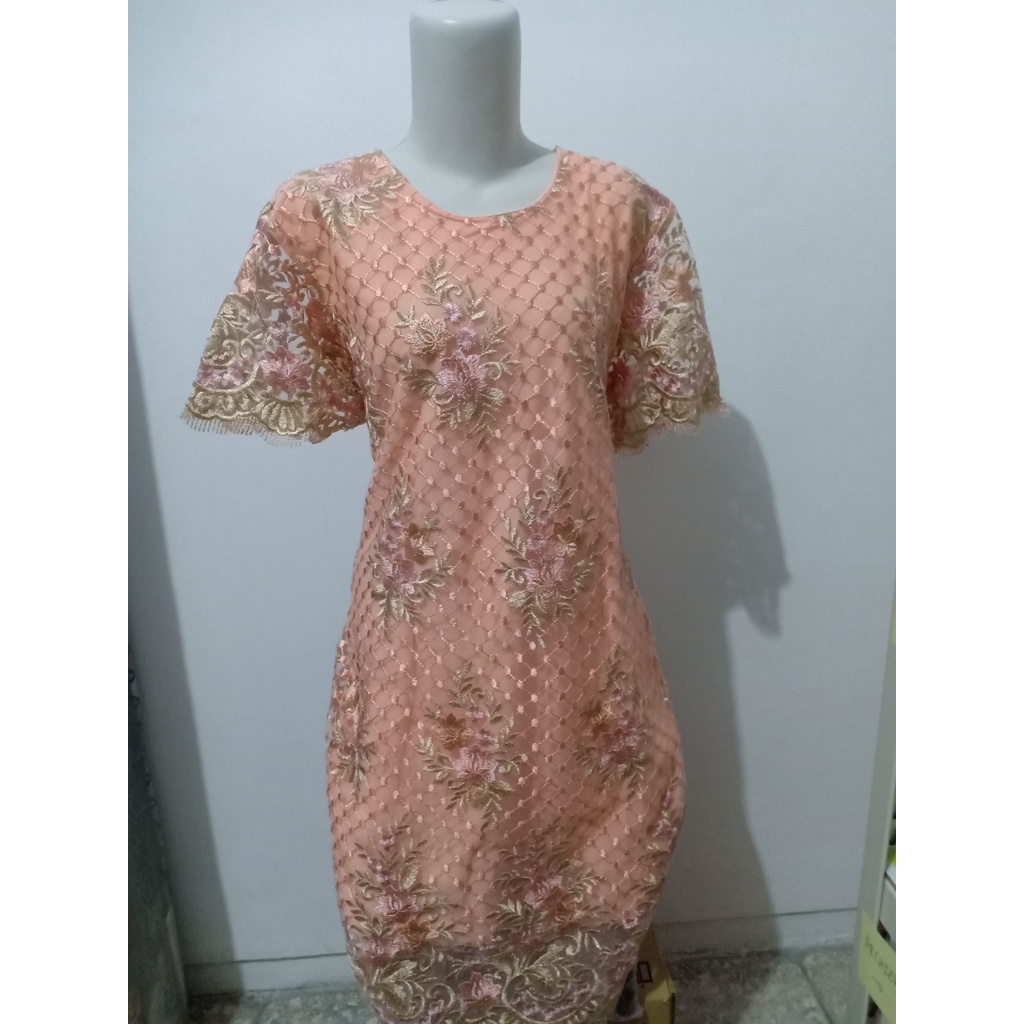 Jual NEW!! Brocade Flower Peach Dress / Dress Brukat Brokat Salem Bunga ...