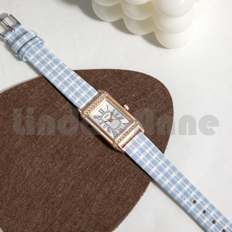 Jual Jam Tangan Wanita Analog Romawi Dial Persegi Strap Pu Motif Kotak