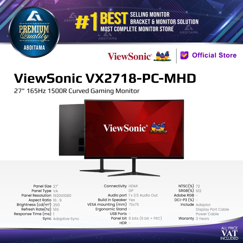 ViewSonic VX2718-PC-MHD Moniteur 27, FHD, Dalle VA, 165Hz, incurvé 1500R, 1ms MPRT, Adaptive Sync, 2 HDMI, DisplayPort, haut-parleurss