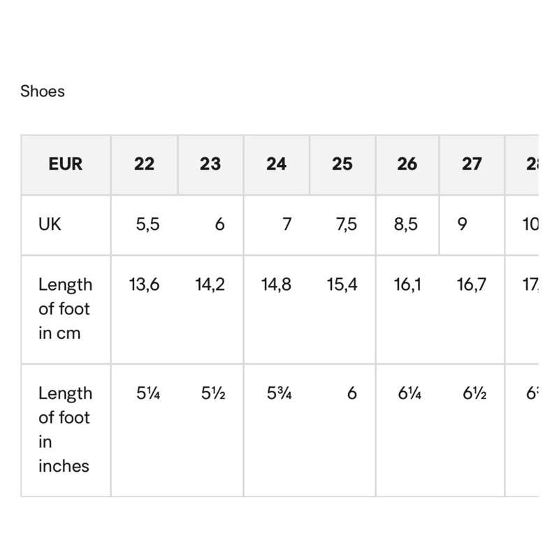 Ukuran sepatu h&m top