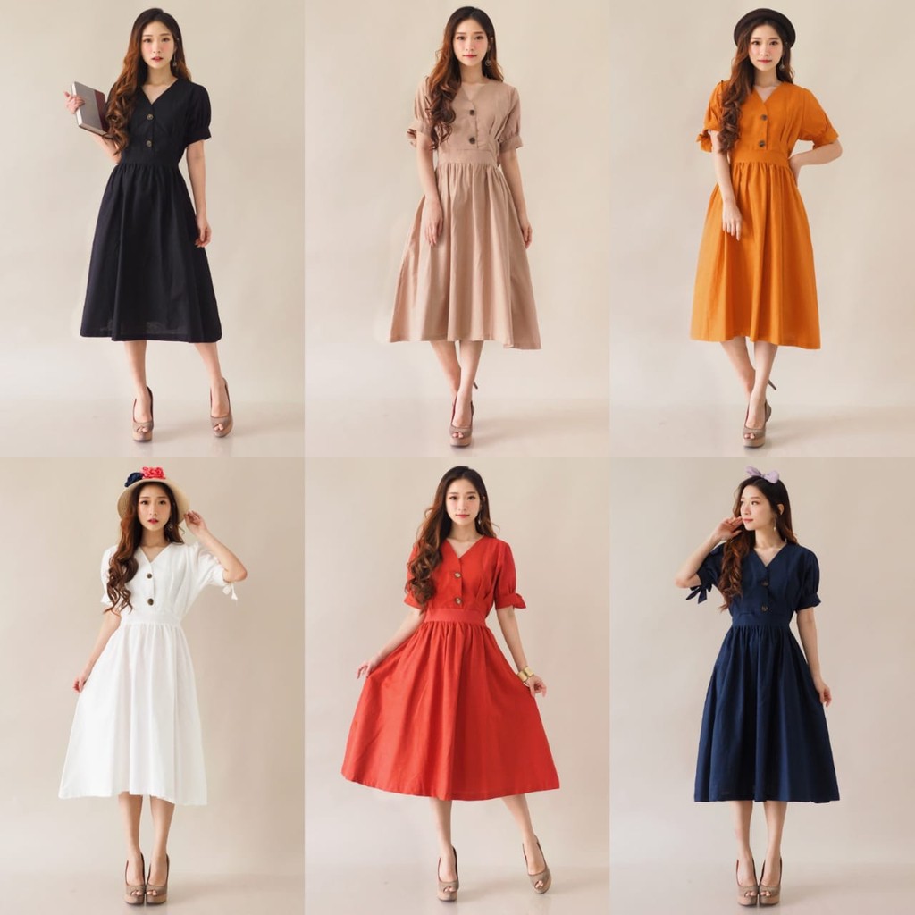 Jual Midi Dress Baru casual baju wanita model vintage buttons Monza Shopee Indonesia