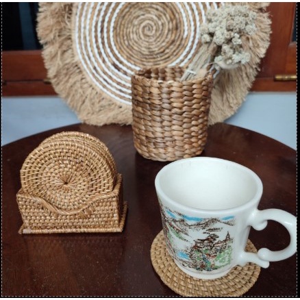 Jual Coaster koster alas gelas rotan Lombok bulat 10cm full set ...