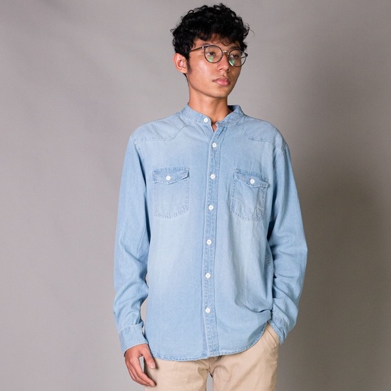 Jual Pixar collarless denim shirt Open button light blue Shopee Indonesia