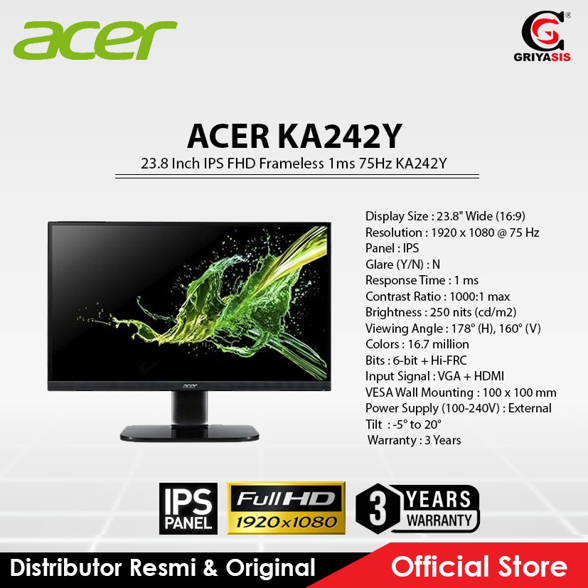 Jual Monitor LED Acer 23.8 Inch IPS FHD Frameless 1ms 75Hz KA242Y ...