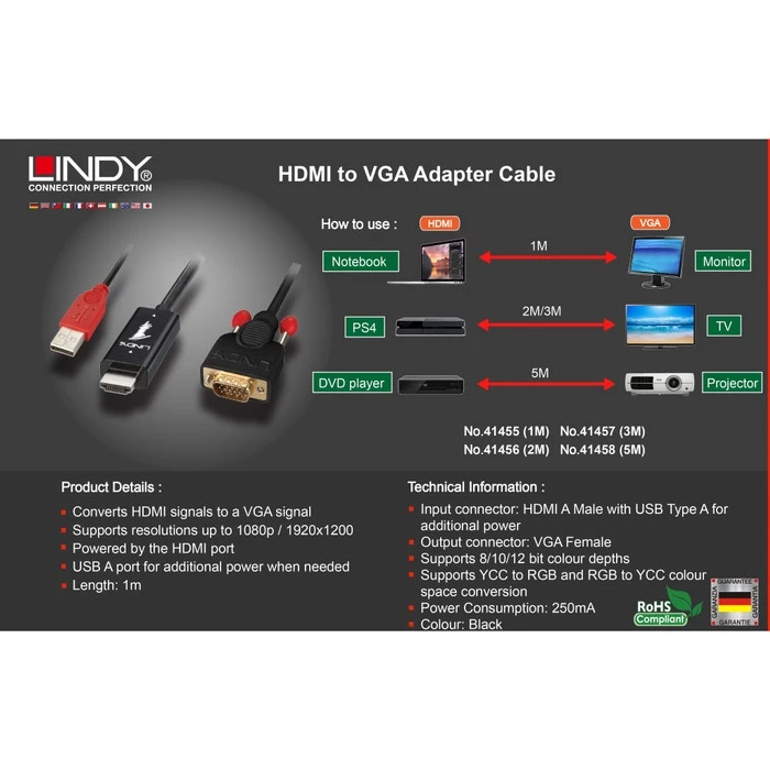LINDY Kabel HDMI to VGA 3M Converter Adapter Cable with USB Power 41457