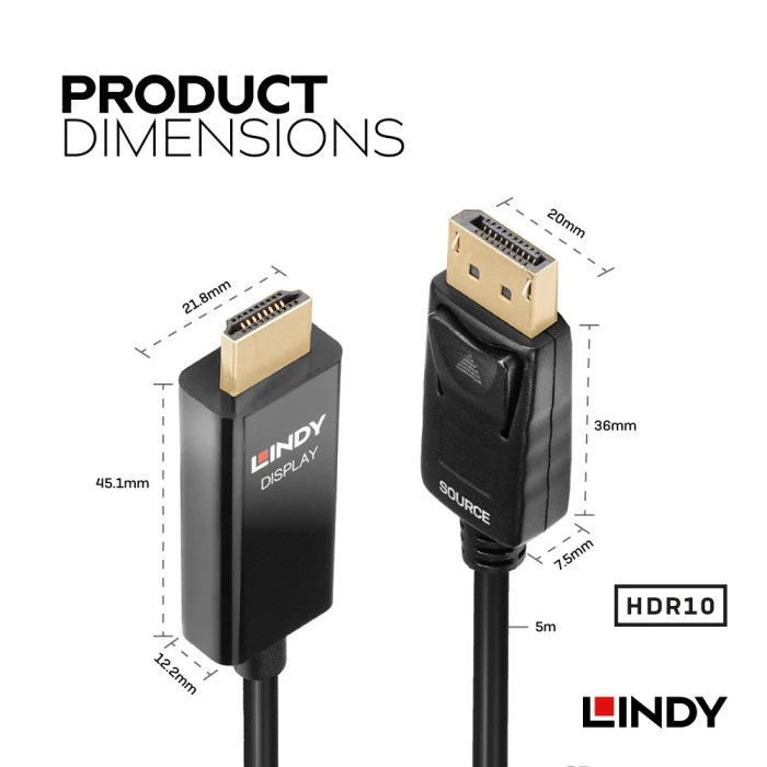 LINDY Kabel Display Port to Hdmi 5M Converter DP to Hdmi Active Adapter Cable Male to Male 4K HDR 40928