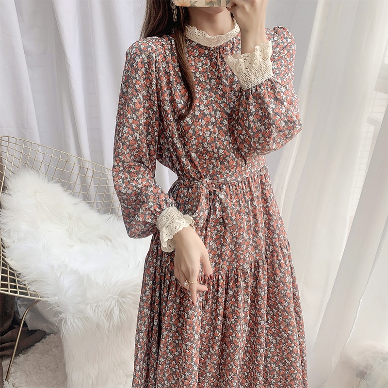 Jual Aimei Korean Dress Wanita Floral Bunga Lengan Panjang Berpotongan