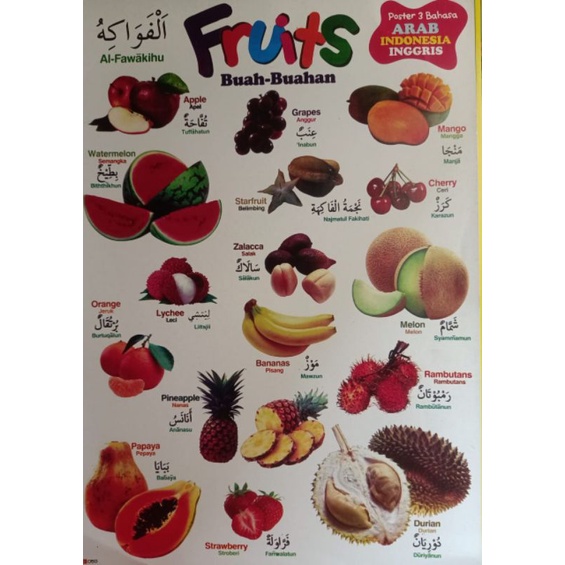 Jual Poster edukasi anak mengenal sayuran & buah-buahan ( 3 bahasa
