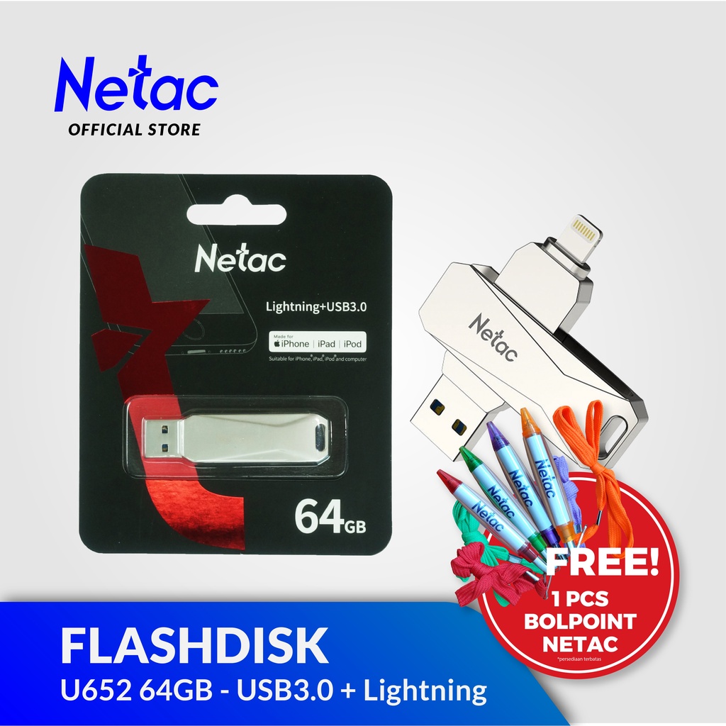 Jual NETAC FLASHDISK U652 64GB USB 3.0 with LIGHTNING GARANSI RESMI ...