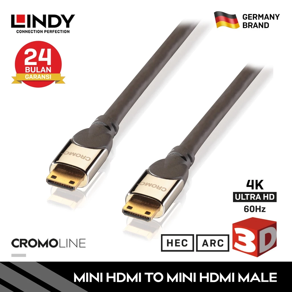 Kabel Mini HDMI 2.0 LINDY 2m Mini HDMI to Mini HDMI with Ethernet 4K Cable 10.2Gbps Triple Shielded 41452