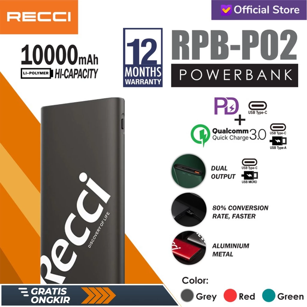 Powerbank Recci RPB-P02 PD+QC3.0 18W Dual Output 10000mAh Hijau/Abu-Abu/Merah
