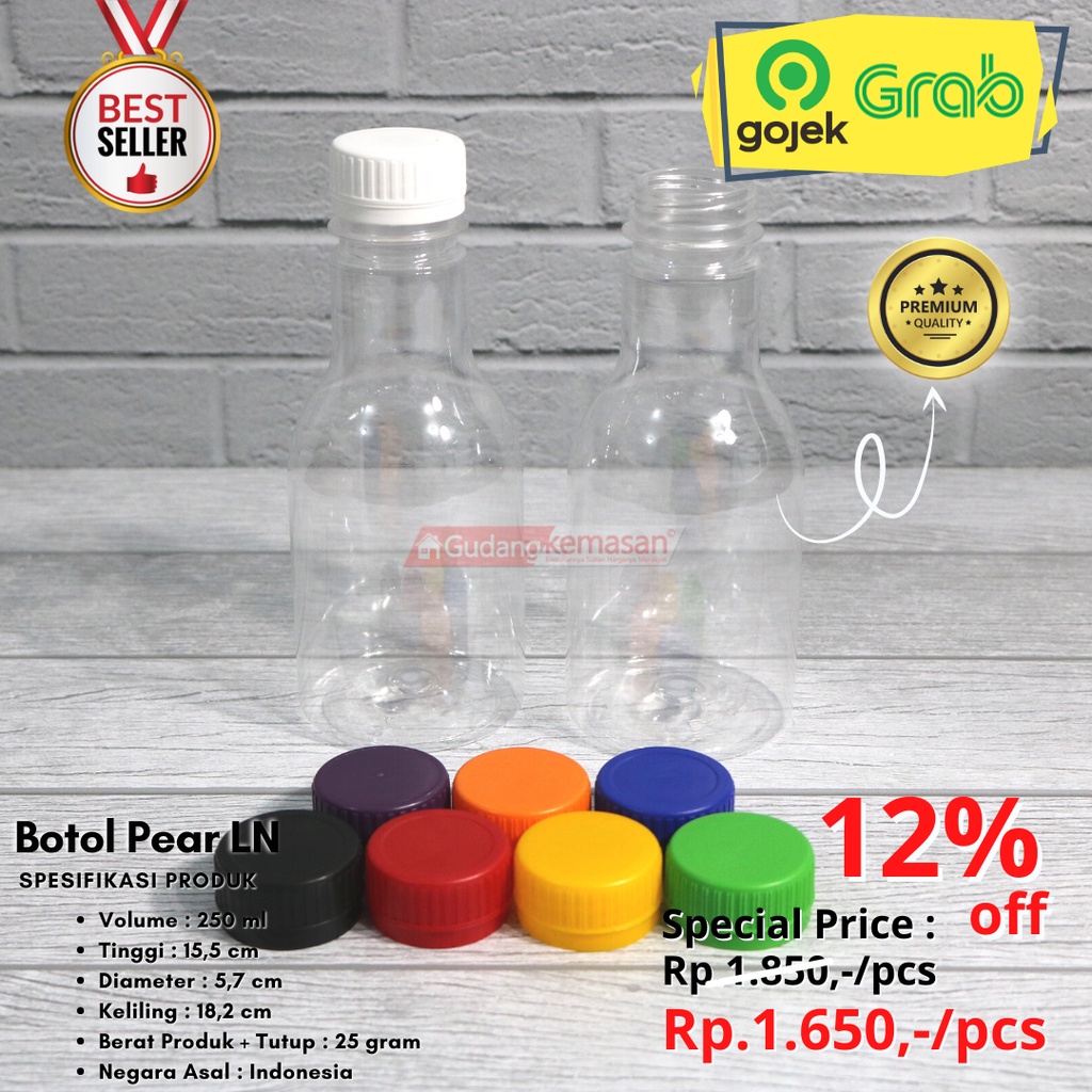 Jual BOTOL PLASTIK 250ML PEAR PIR TUTUP SEGEL WARNA WARNI LN PER 100 ...