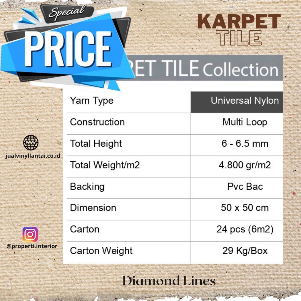 Jual Karpet tile lantai Diamond Lines 6m2/box tebal 6,5mm paket 10box ...