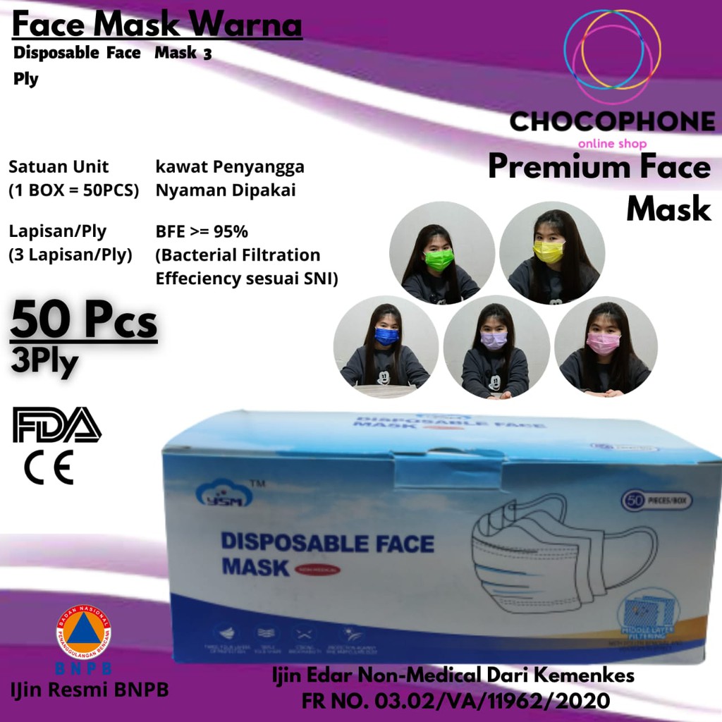 Jual masker warna 3ply masker 3 plu warna masker earloop isi 50 ...