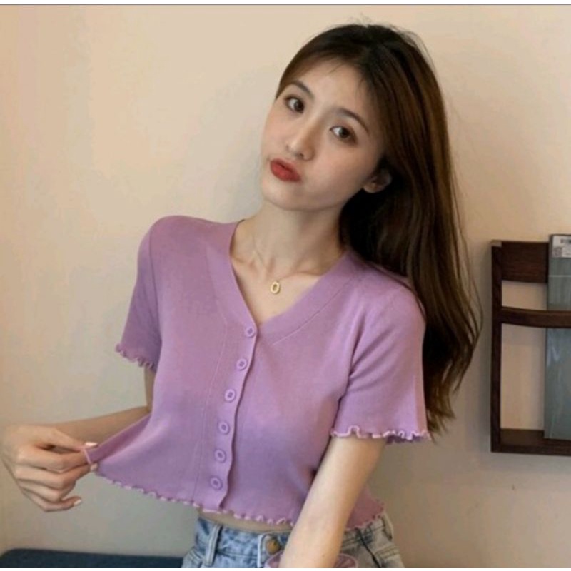 Jual T-Shirt Rajut V-neck | Cardigan Rajut Lengan Pendek | Cardigan ...
