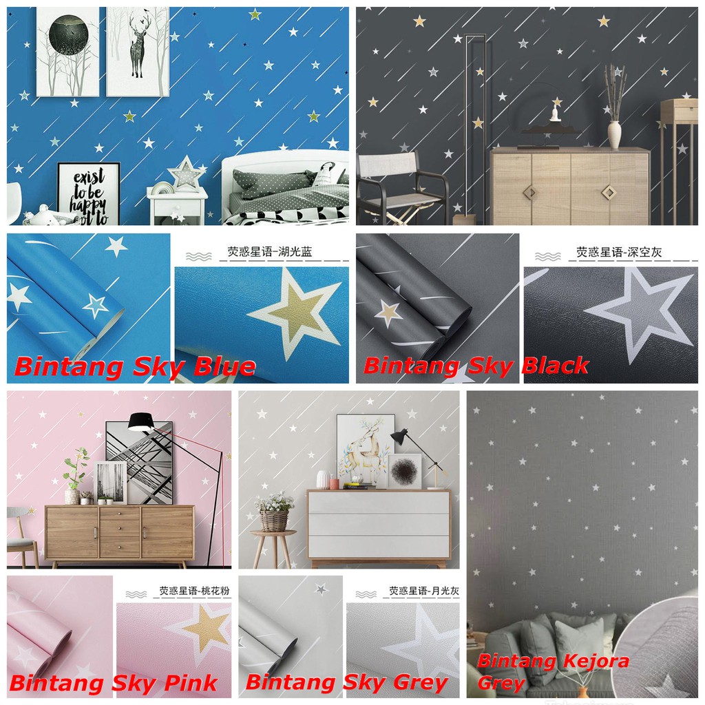 Jual WALLPAPER DINDING Motif BINTANG STAR BIRU GREY HITAM PINK PUTIH