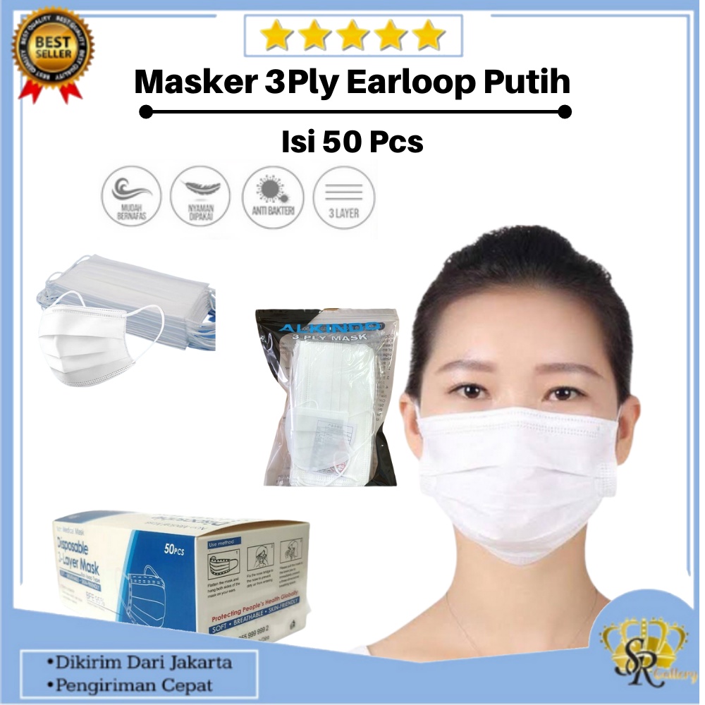Jual Masker 3Ply Putih Earloop Surgical Mask BFE 95% isi 50 pcs ...