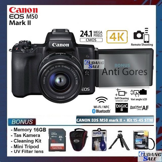 [NEW] KAMERA CANON EOS M50 Mark II LENSA KIT 15-45MM IS STM WiFi  GARANSI TAHUN CAMERA MIRRORLESS RP 90D 7D A7