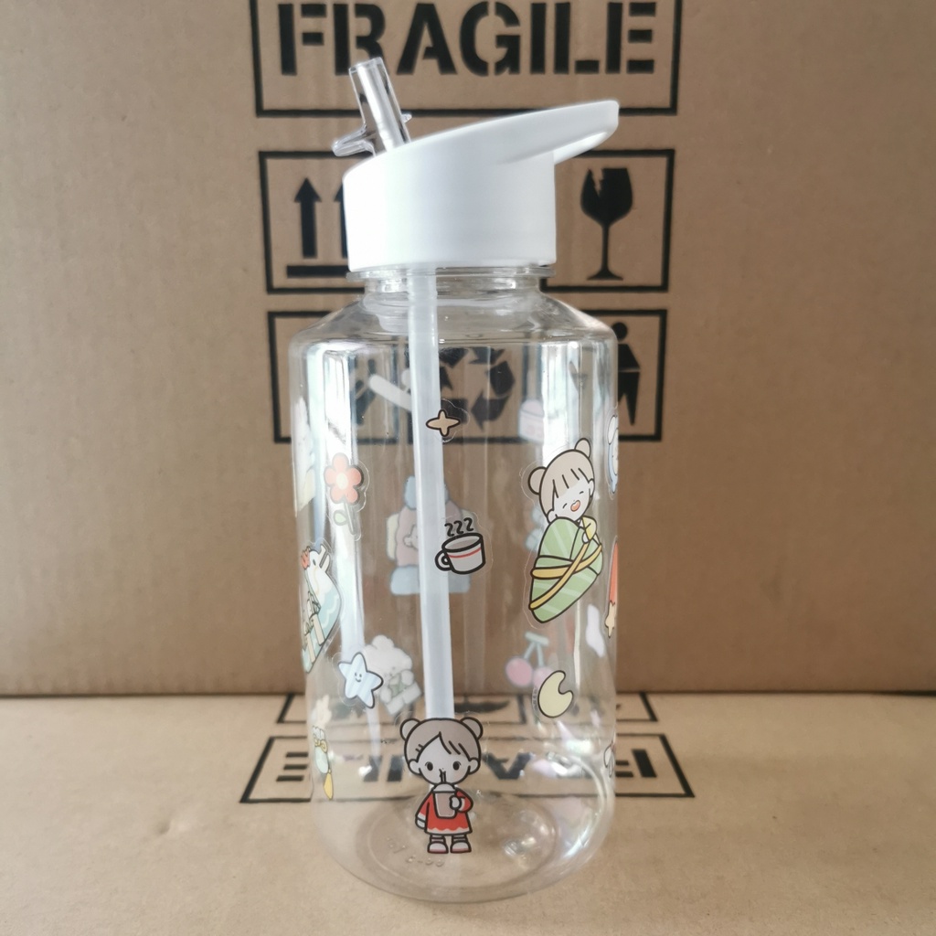Jual Botol Minum Besar 1l Straw Tumbler Plastik Transparan 1 Liter Sedotan Dengan Stiker 1000 Ml