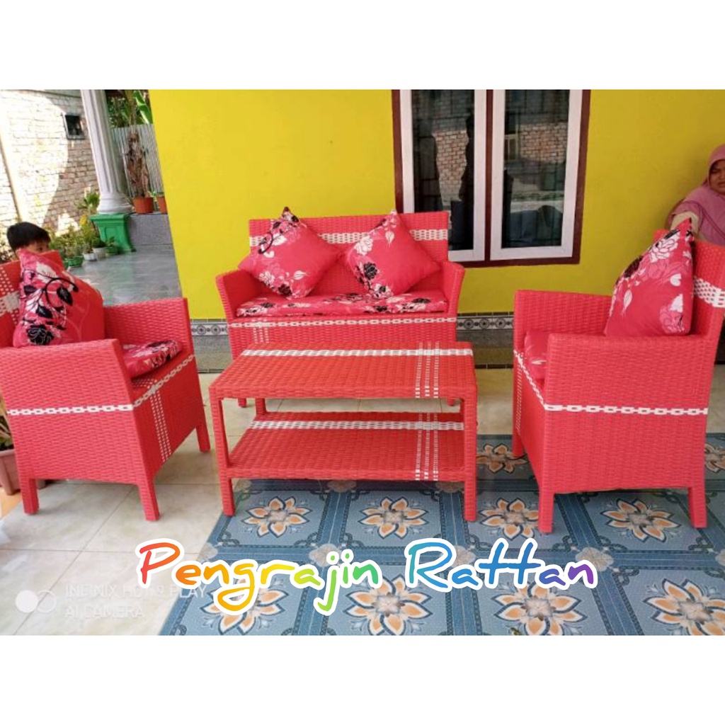 Jual Set Kursi Korsi Bangku Sofa Hawai Santai Rotan Sintetis Furniture Set Meja Panjang Teras