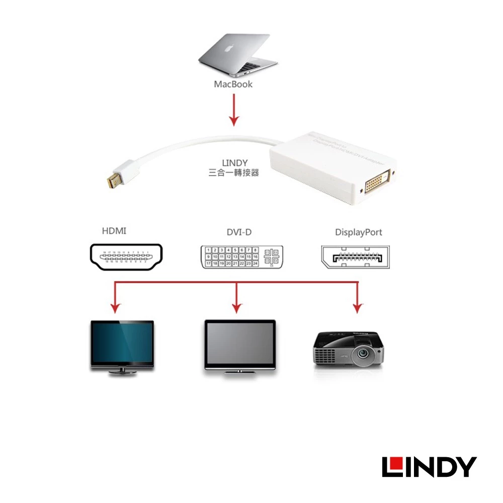 LINDY Converter Mini DisplayPort to Hdmi Adapter 3 in 1 Mini DP to Hdmi DVI Mac Macbook 41049