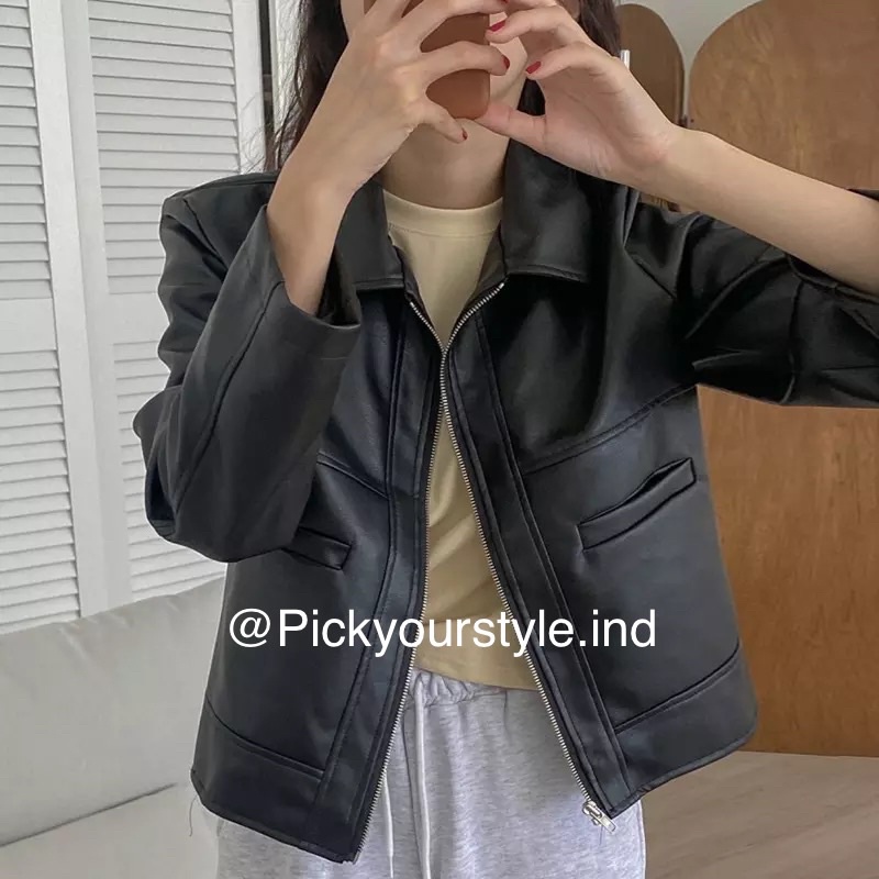 Jual Jaket Kulit kemeja crop leather jacket | Shopee Indonesia