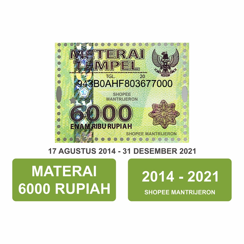 Jual Materai 6000 Tahun 2014 2021 Meterai Tempel 6 Ribu 6 000 Enam Ribu