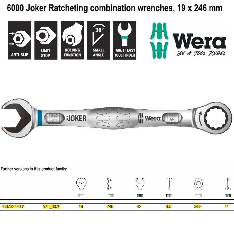 Cle mixte à cliquet Joker SW 19 - 05073279001 - Wera | IFD Outillage