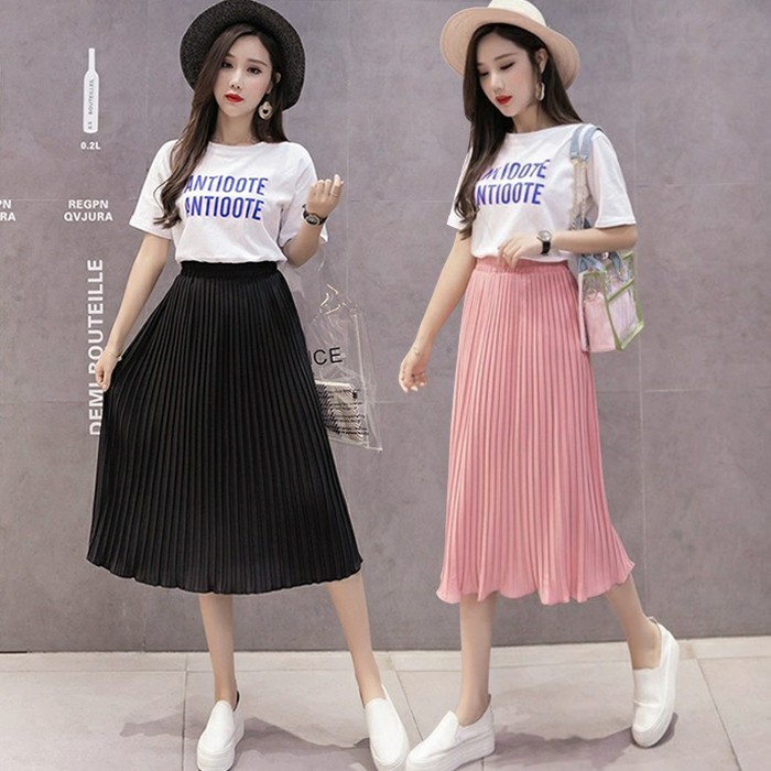 Jual Karakorea Pearl Pleated Skirt Rok Midi Rok Korea Skirt