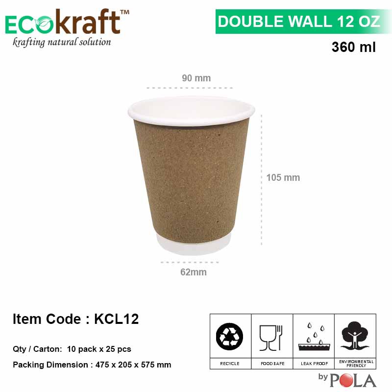 Jual POLA Paper Cup KRAFT Double Wall 12 oz / Gelas Kertas + TUTUP ...
